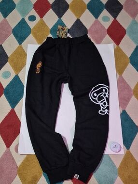 Bape Black Kids Sweatpants with White & Brown Ape Graphics